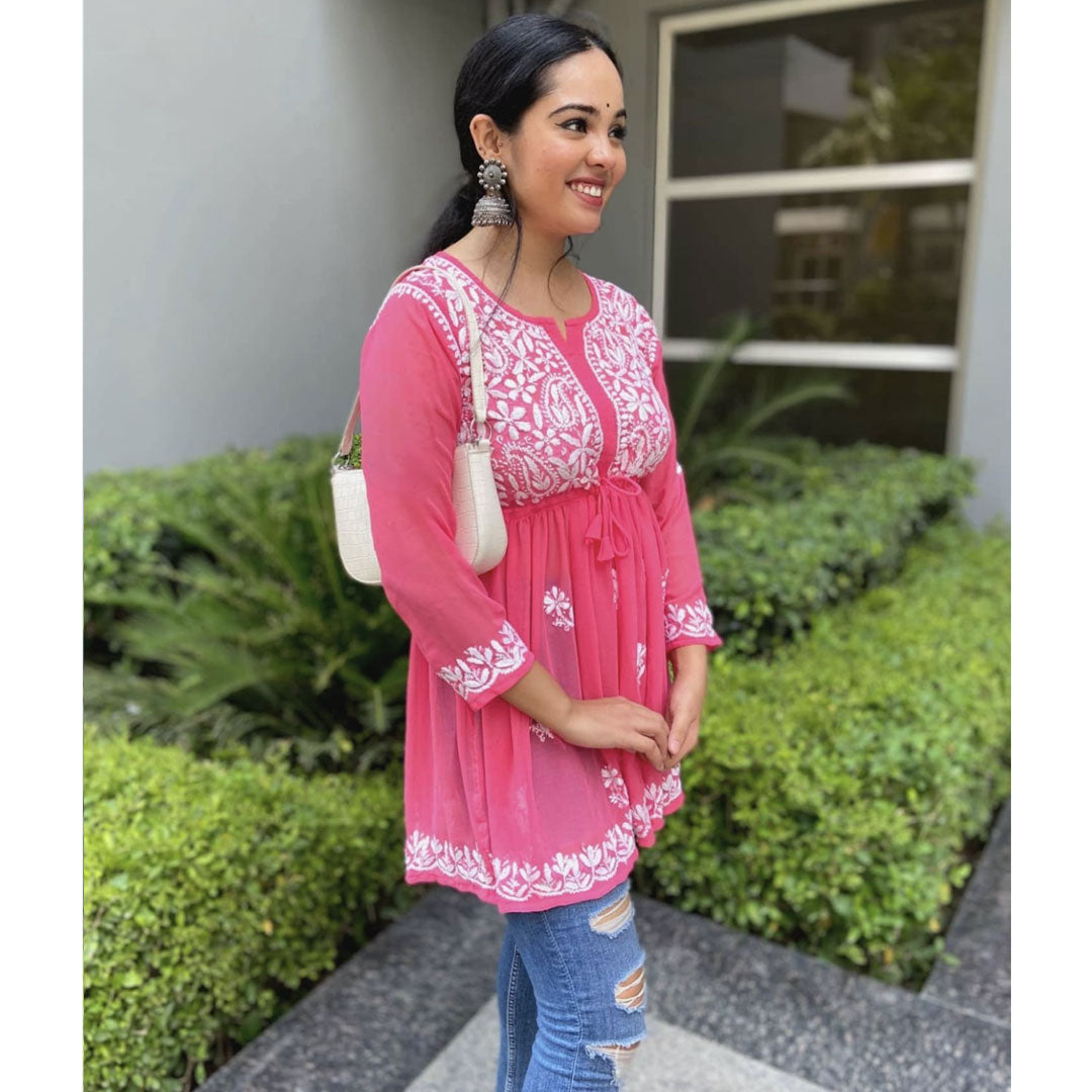 Pink Gorgeous Chickankari Georgette Kurti
