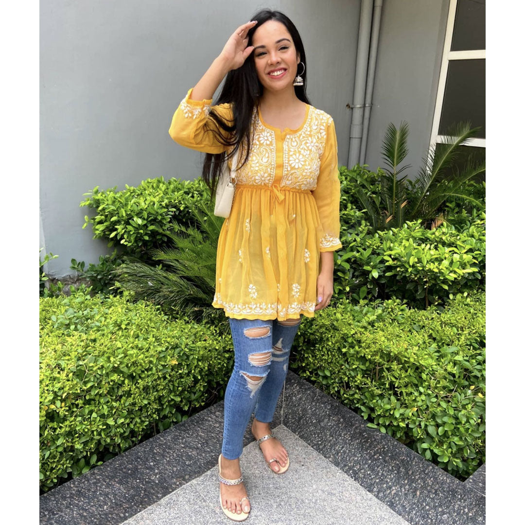 Yellow Gorgeous Chickankari Georgette Kurti
