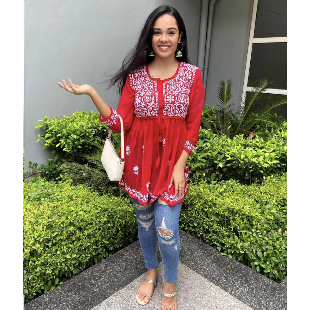 Red Gorgeous Chickankari Georgette Kurti