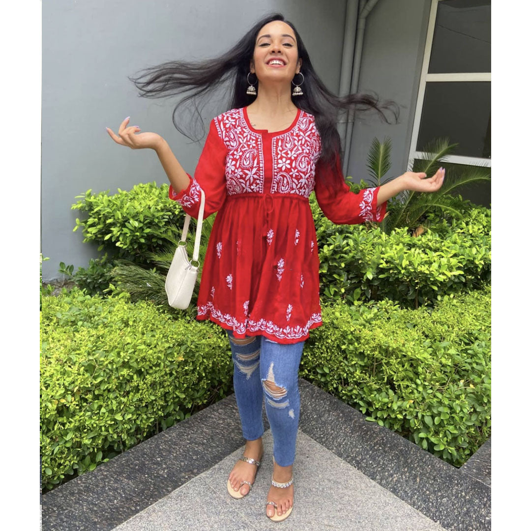 Red Gorgeous Chickankari Georgette Kurti