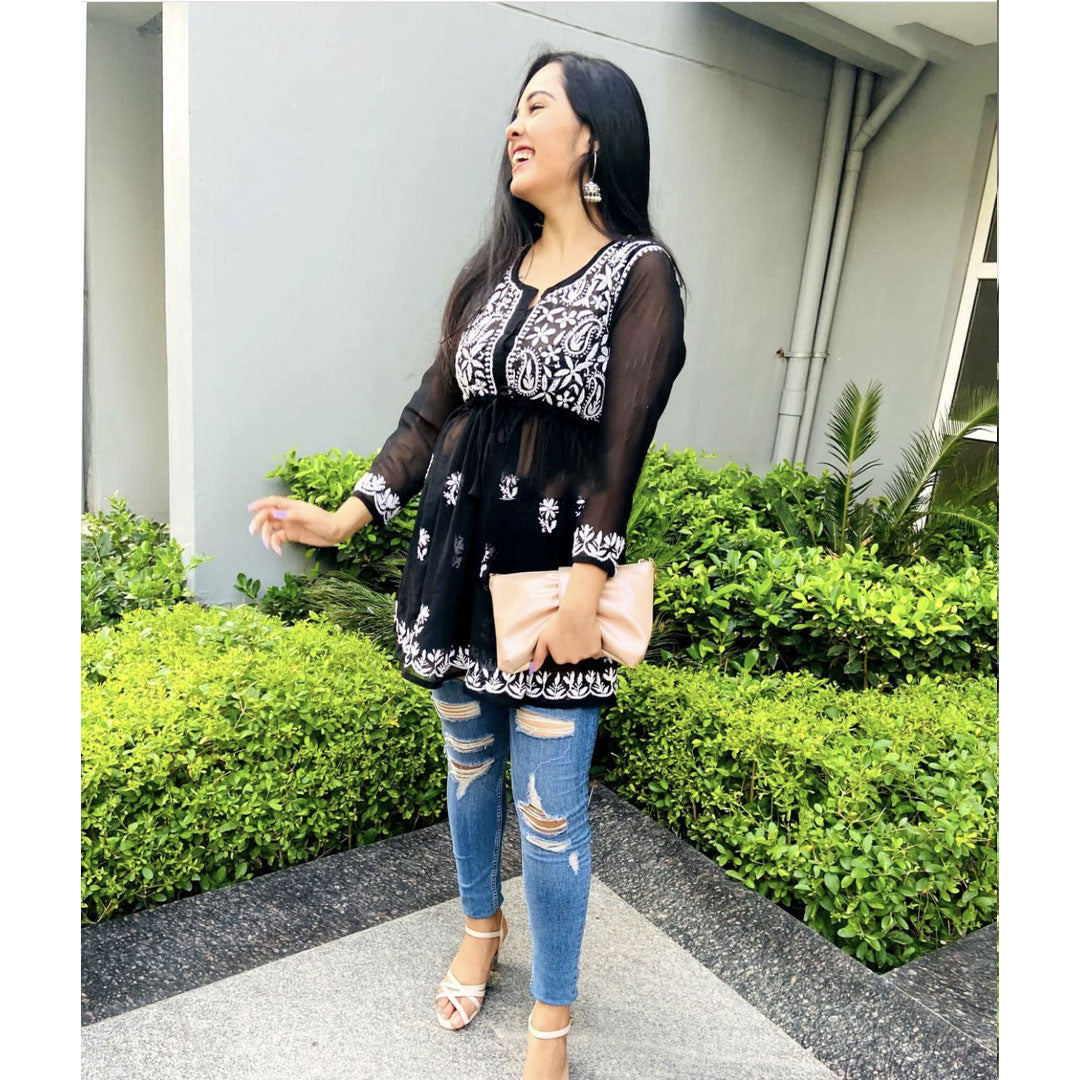 Black Gorgeous Chickankari Georgette Kurti