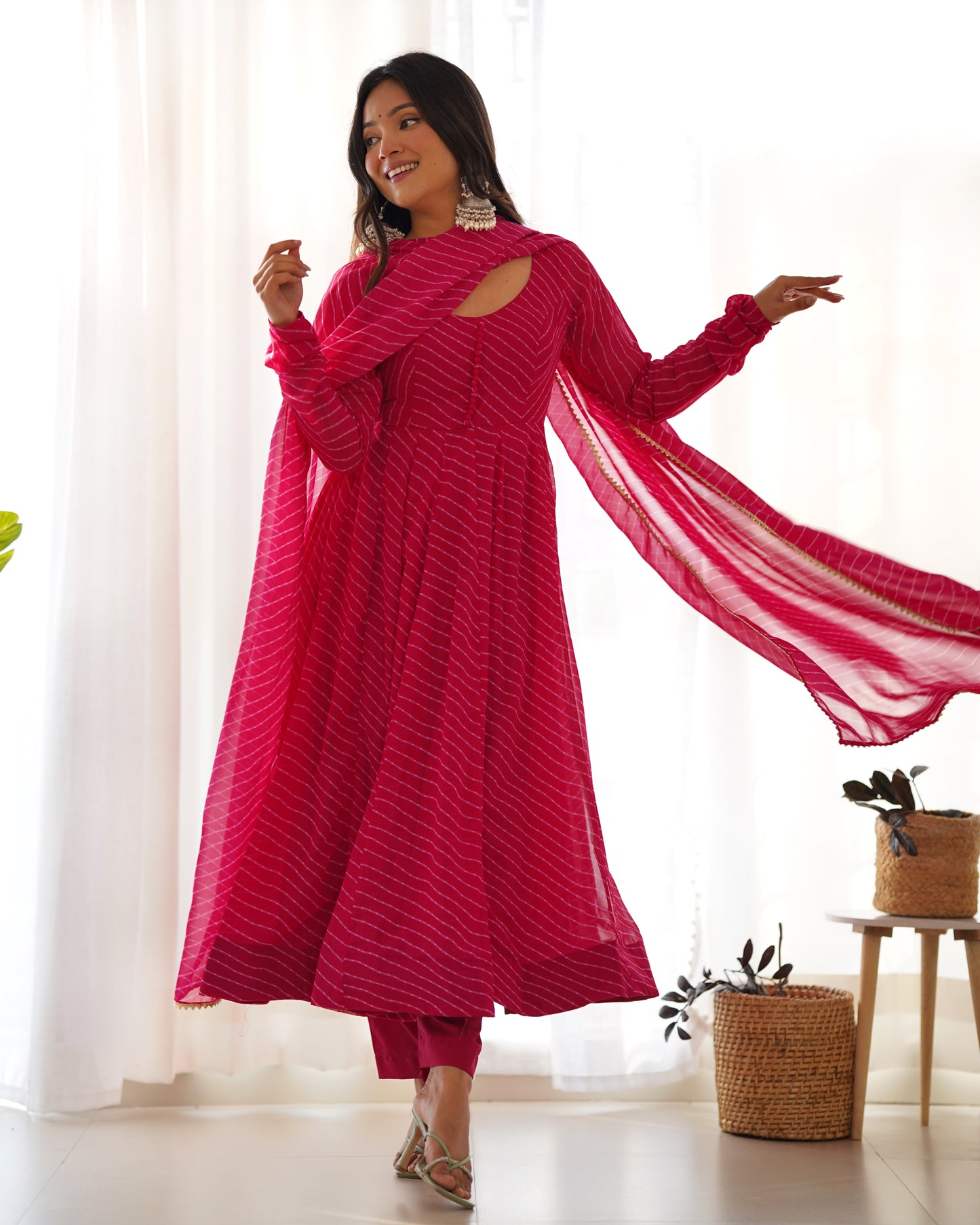 NANDHIKA FOX GEORGETTE LAHERIYA PRINT ANARKALI DRESS