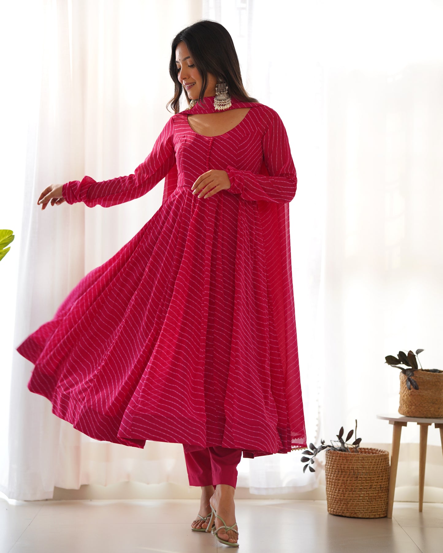 NANDHIKA FOX GEORGETTE LAHERIYA PRINT ANARKALI DRESS