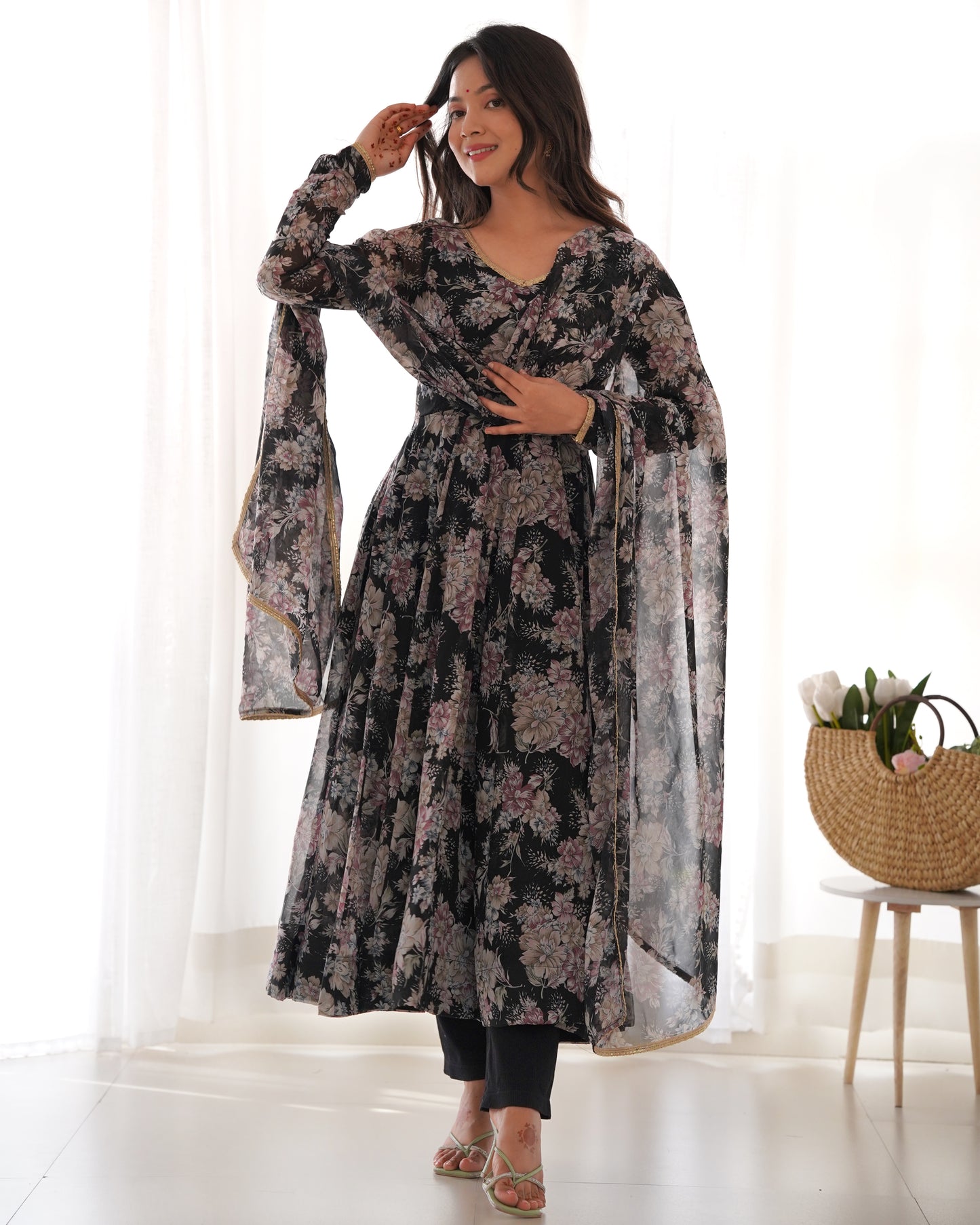 Black floral Anarkali dress