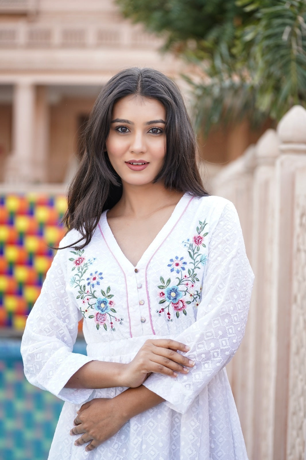 Sanvi White Cotton Embroidered Dress