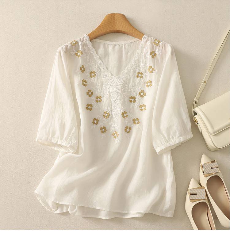 Women's Cotton Linen V Neck Floral Embroidered Breezy Casual Top