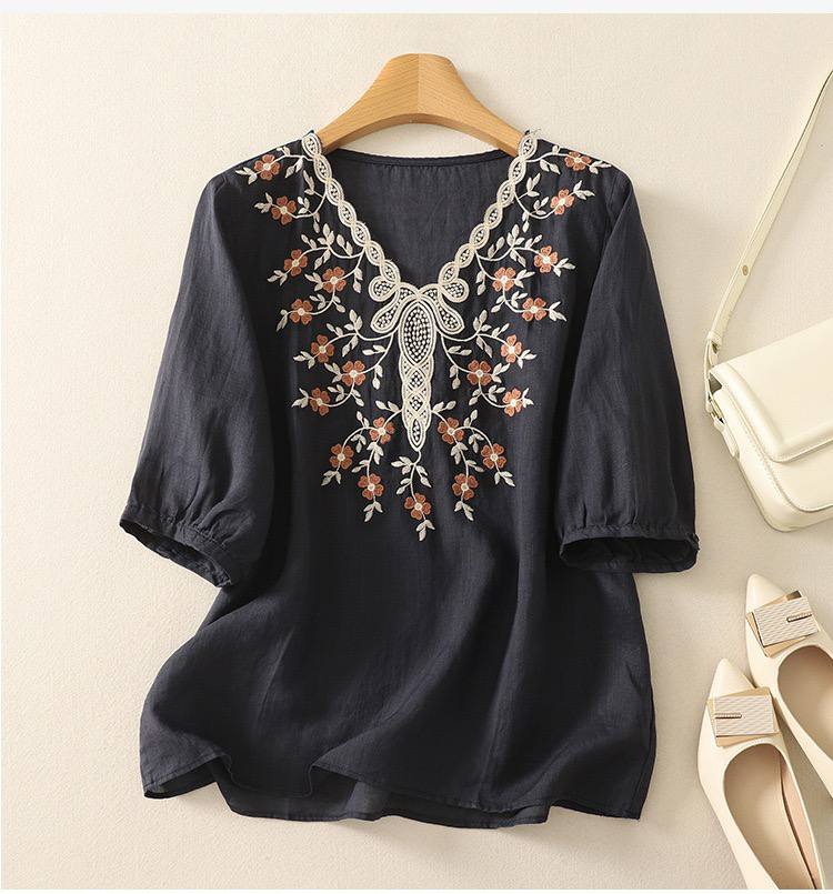 Women's Cotton Linen V Neck Floral Embroidered Breezy Casual Top