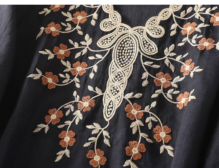Women's Cotton Linen V Neck Floral Embroidered Breezy Casual Top