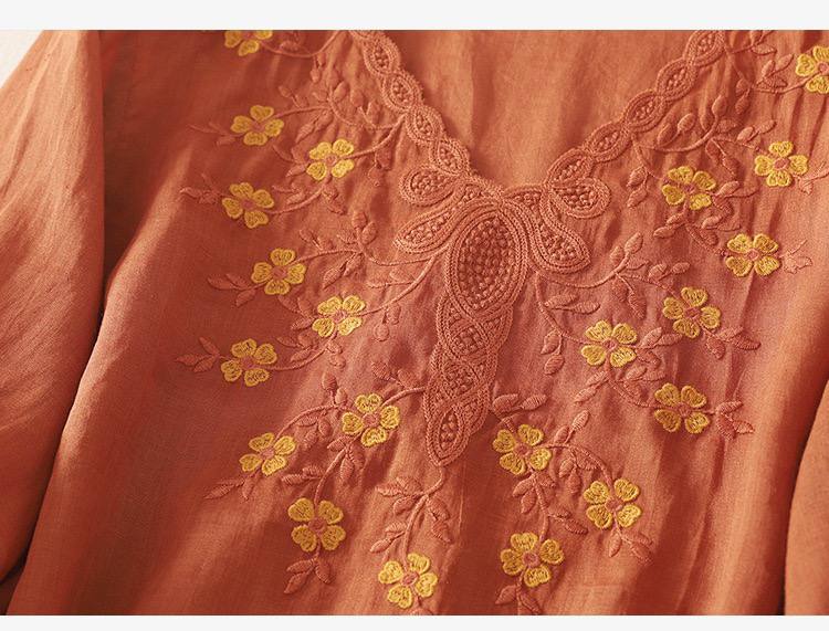 Women's Cotton Linen V Neck Floral Embroidered Breezy Casual Top