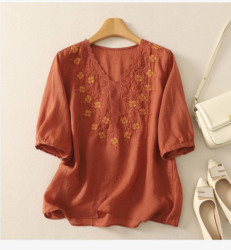 Women's Cotton Linen V Neck Floral Embroidered Breezy Casual Top