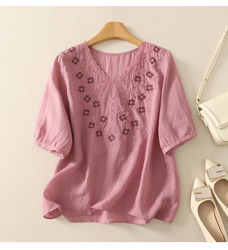 Women's Cotton Linen V Neck Floral Embroidered Breezy Casual Top