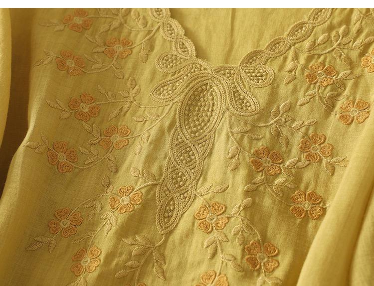 Women's Cotton Linen V Neck Floral Embroidered Breezy Casual Top