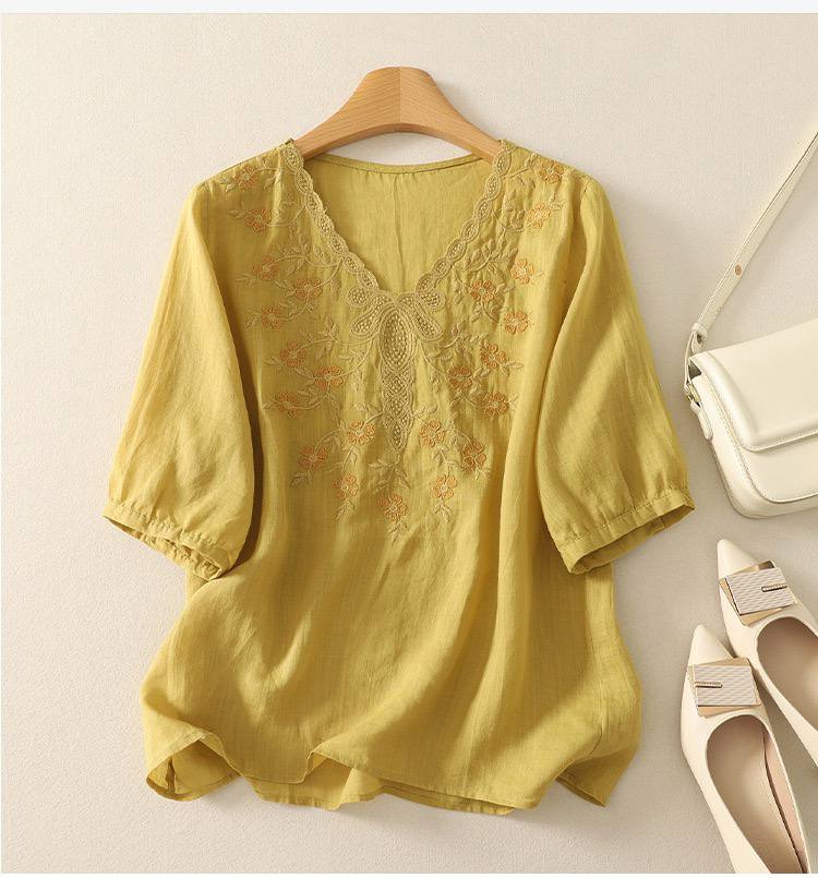 Women's Cotton Linen V Neck Floral Embroidered Breezy Casual Top