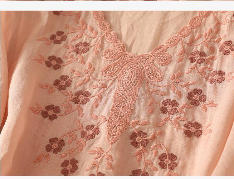 Women's Cotton Linen V Neck Floral Embroidered Breezy Casual Top