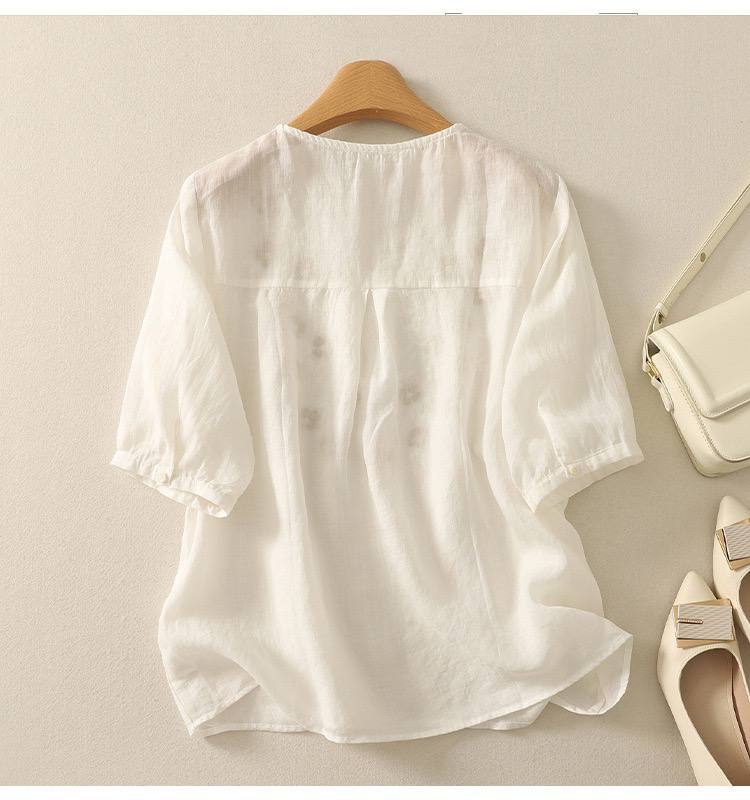Women's Cotton Linen V Neck Floral Embroidered Breezy Casual Top