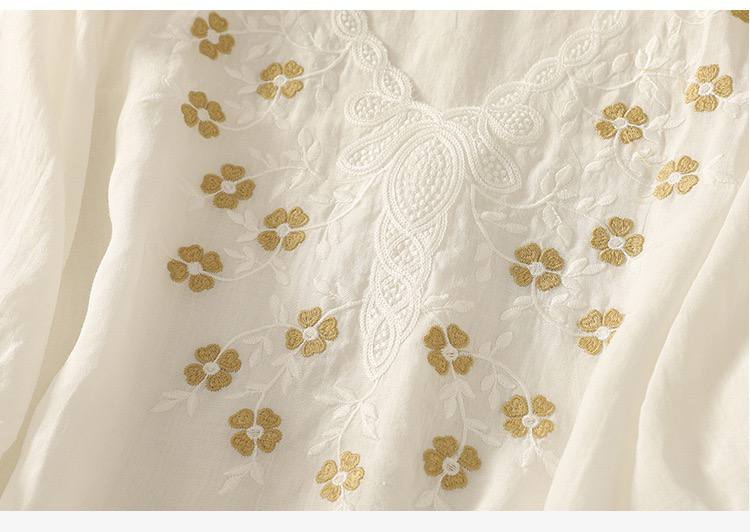 Women's Cotton Linen V Neck Floral Embroidered Breezy Casual Top