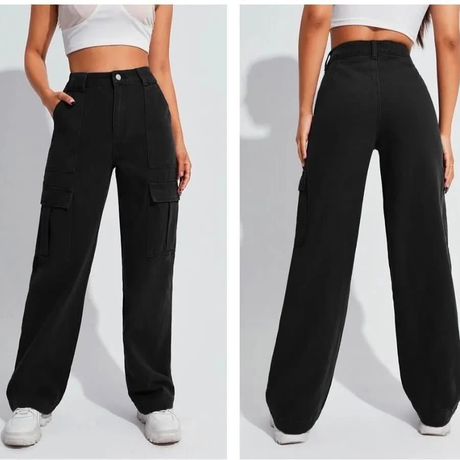 Womens Six Pocket Black Cargo Jeans
