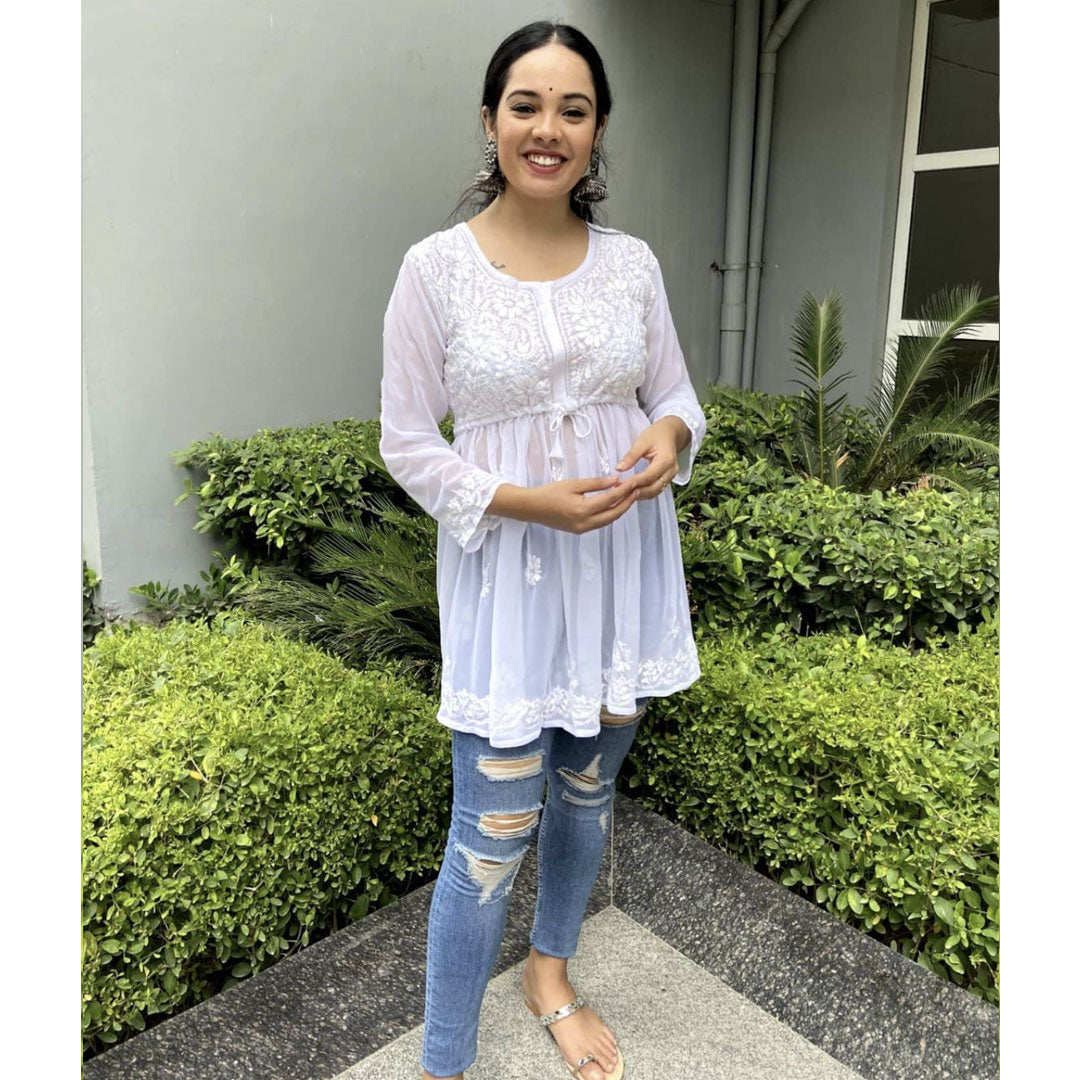 White Gorgeous Chickankari Georgette Kurti