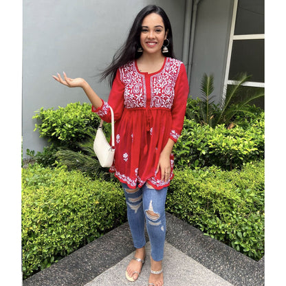 Red Gorgeous Chickankari Georgette Kurti