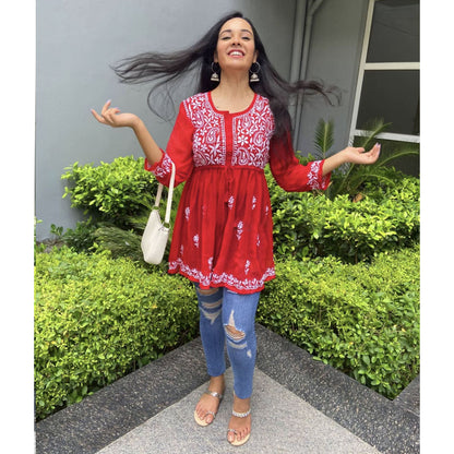 Red Gorgeous Chickankari Georgette Kurti