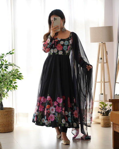 YAMIKA  ORGANJA SILK PRINT ANARKALI DRESS