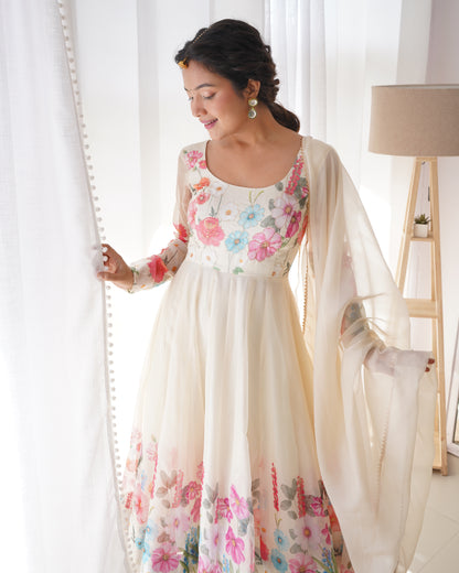 YAMIKA  ORGANJA SILK PRINT ANARKALI DRESS