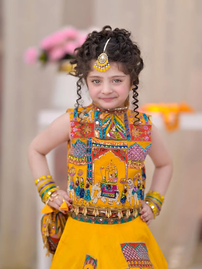 Royal Mustard Patchwork Lehenga Choli Set for Girls