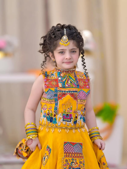 Royal Mustard Patchwork Lehenga Choli Set for Girls