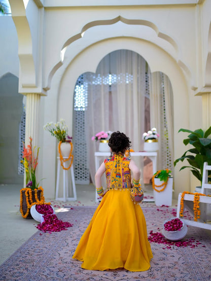 Royal Mustard Patchwork Lehenga Choli Set for Girls