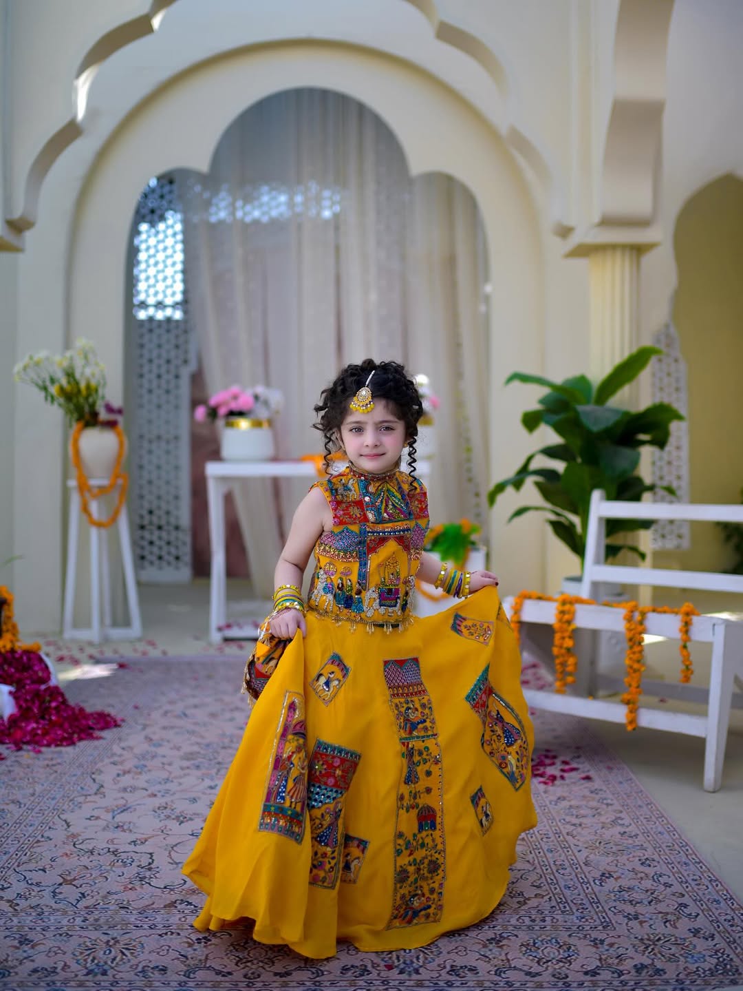 Royal Mustard Patchwork Lehenga Choli Set for Girls