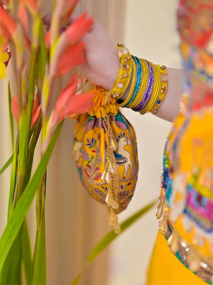 Royal Mustard Patchwork Lehenga Choli Set for Girls