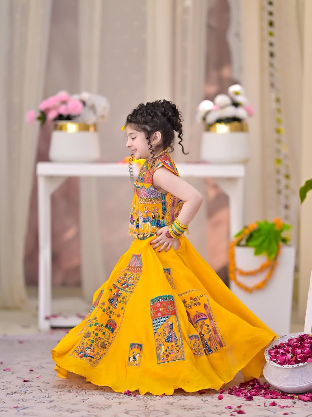 Royal Mustard Patchwork Lehenga Choli Set for Girls