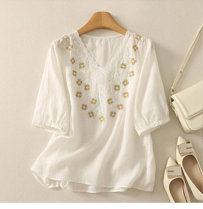Women's Cotton Linen V Neck Floral Embroidered Breezy Casual Top