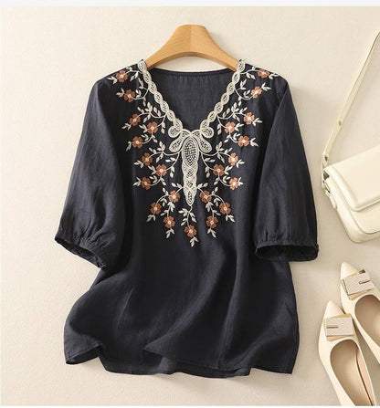 Women's Cotton Linen V Neck Floral Embroidered Breezy Casual Top