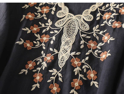 Women's Cotton Linen V Neck Floral Embroidered Breezy Casual Top