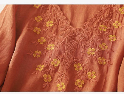 Women's Cotton Linen V Neck Floral Embroidered Breezy Casual Top