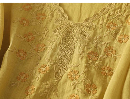 Women's Cotton Linen V Neck Floral Embroidered Breezy Casual Top