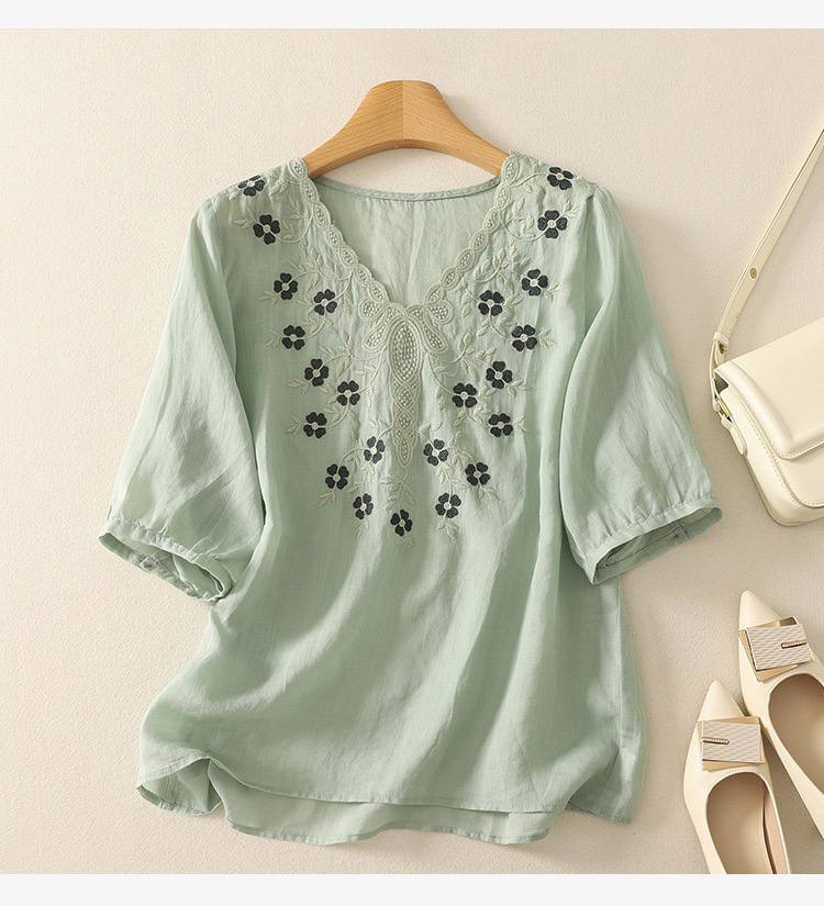 Women's Cotton Linen V Neck Floral Embroidered Breezy Casual Top