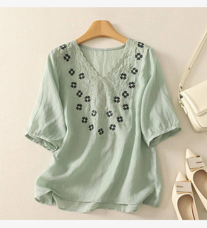 Women's Cotton Linen V Neck Floral Embroidered Breezy Casual Top