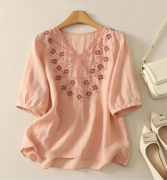 Women's Cotton Linen V Neck Floral Embroidered Breezy Casual Top