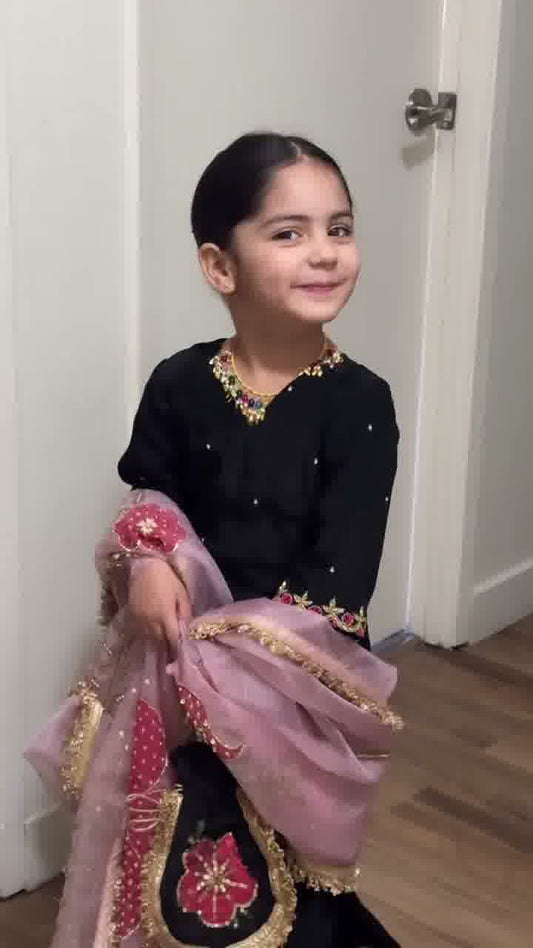 Black & Pink Embroidered Sharara Set for Girls