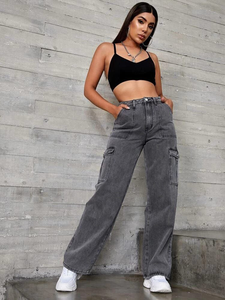 Womens Six Pocket Charcol Cargo Jeans