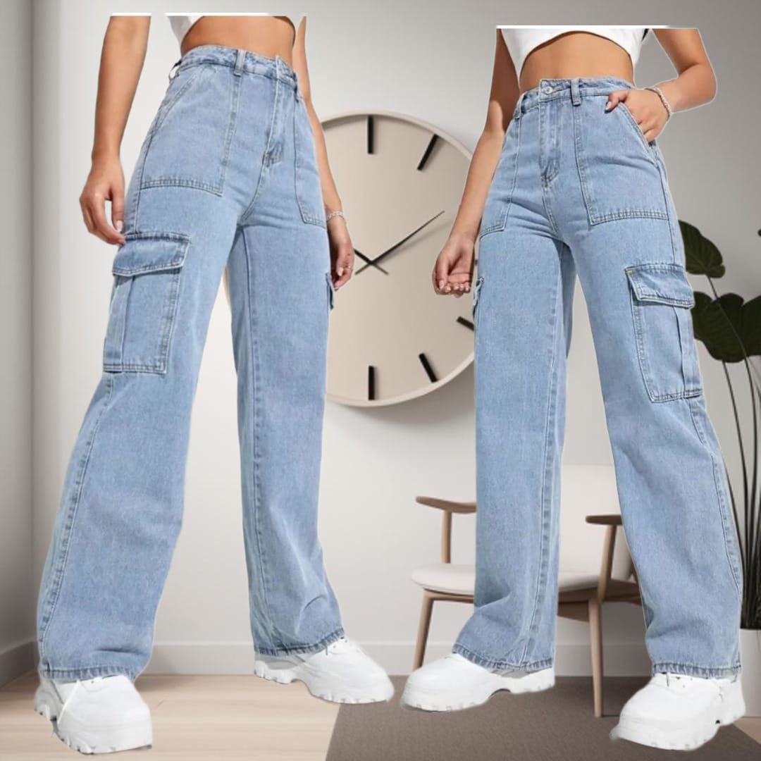 Womens Six Pocket Ice Blue Cargo Jeans