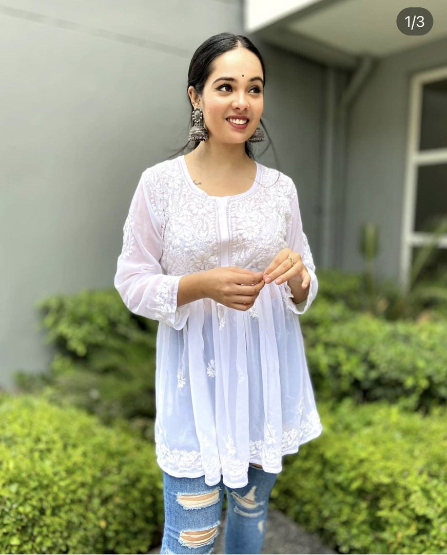 White Gorgeous Chickankari Georgette Kurti